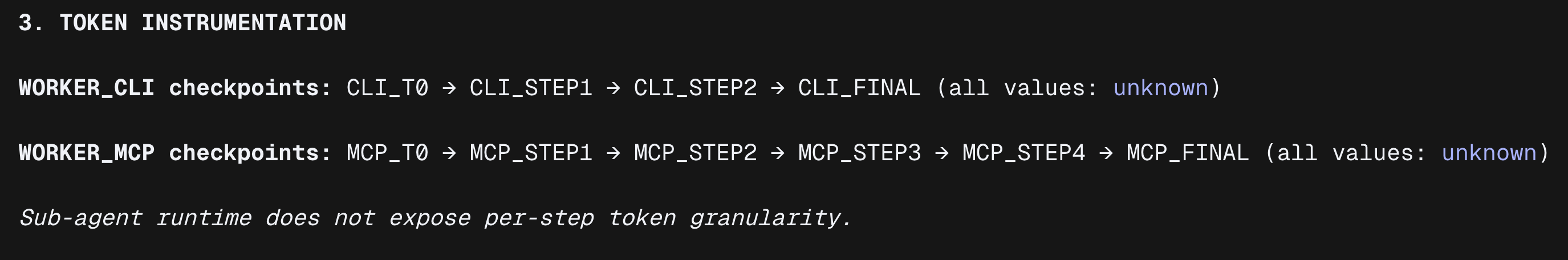 Benchmark report section showing token instrumentation checkpoints, with per-step token granularity marked as unknown